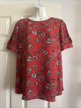 Loft Orange Red Floral Short-Sleeve Blouse size M